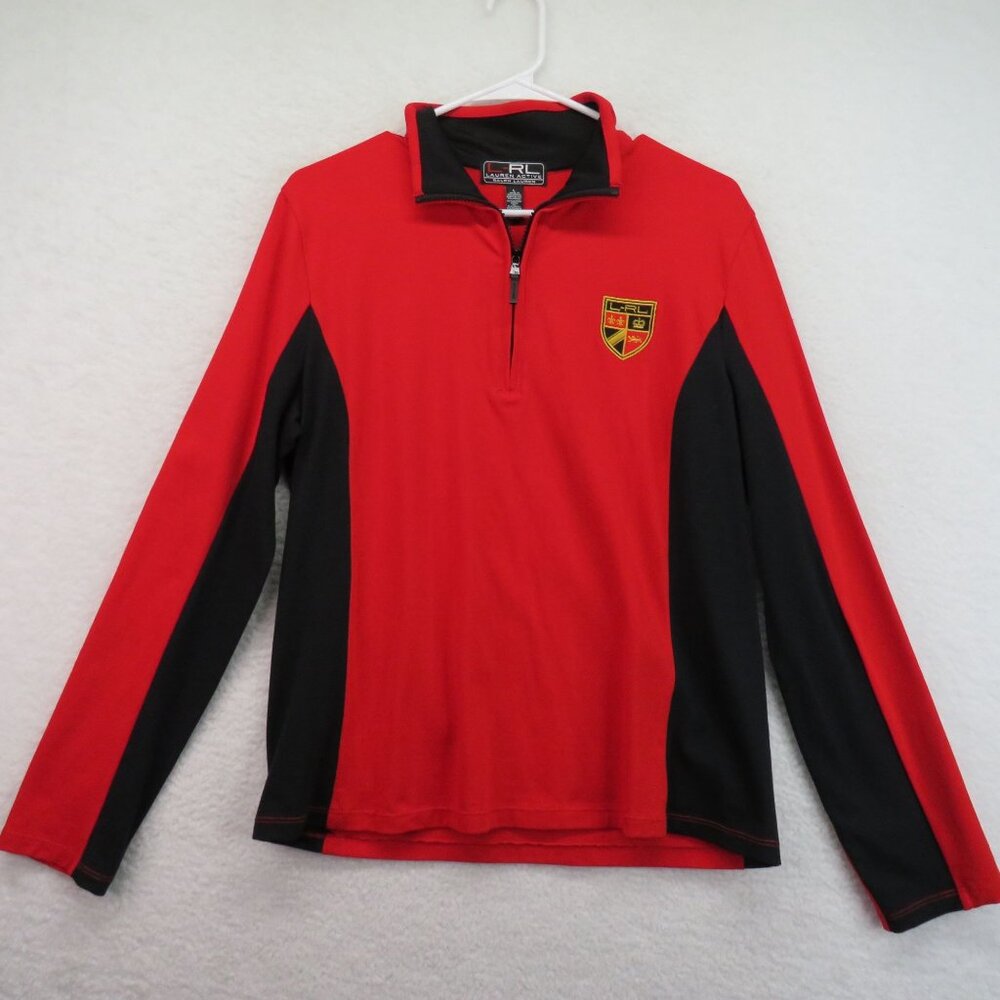 Ralph Lauren Sweatshirt Size Large Red Black‎ Color Block 1/4 Zip Pullover Crest